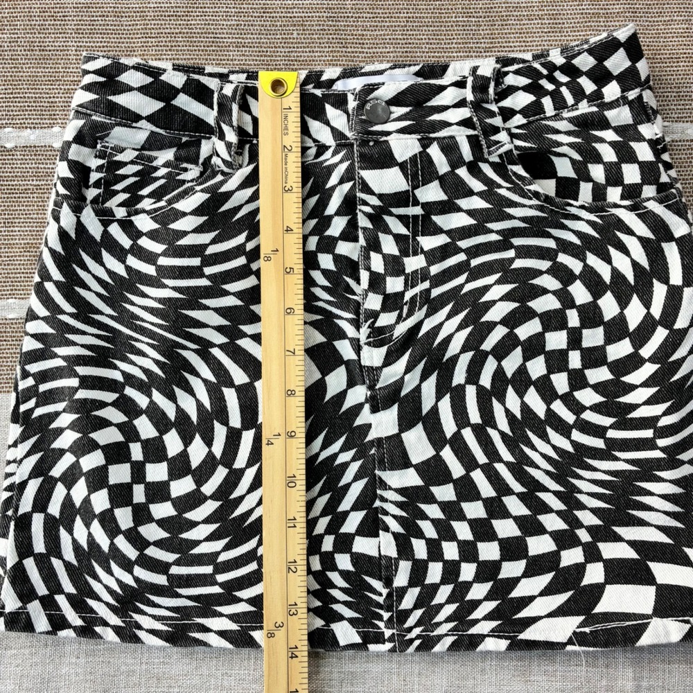 RSQ Womens Black White Warped Checkerboard Denim Mini Skirt Small Trippy Print - Picture 3 of 5